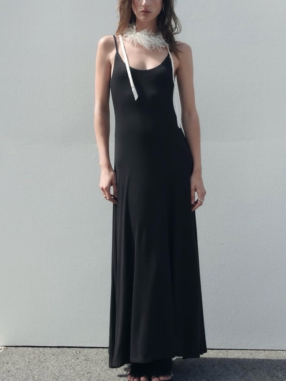 Zara Y2K Style Black Spaghetti-Strap Ribbed Kint Maxi Dress PP 16” Length 52”